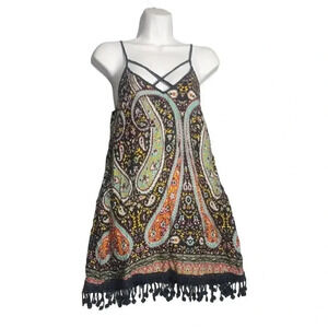 En Crème  Paisley Fringe Mini SunDress Spaghetti Strap Vintage Style
